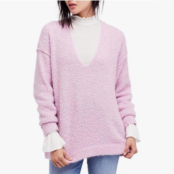 Free People Lofty V Neck Lilac Boucle Alpaca Knit Oversized Sweater Size S - Picture 2 of 8
